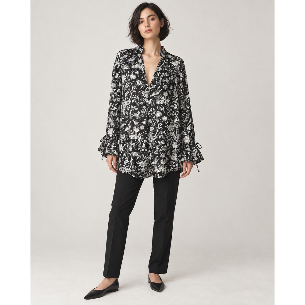H&M Womens Floral V-Neck Tunic Top L Black White Bell Sleeve Blouse Whimsigoth